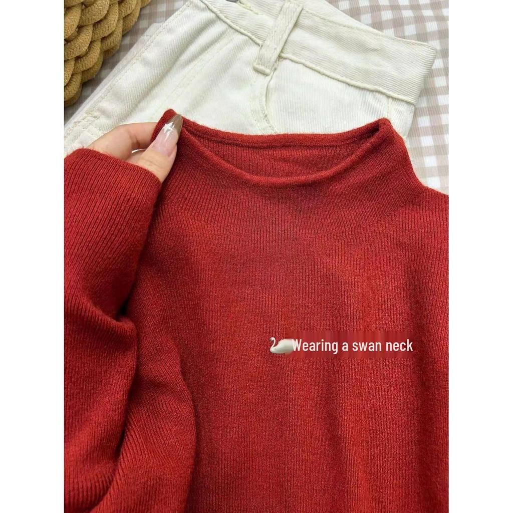 Women's New Year Limited Edition Angora Red Knit Sweater - Half-High Neck, Long Sleeve Base Layer Top for Autumn/Winter