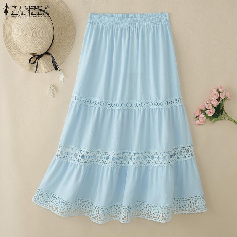 

ZANZEA Women Summer Elastic Waist Loose Patchwork Long Skirts 5XL синій