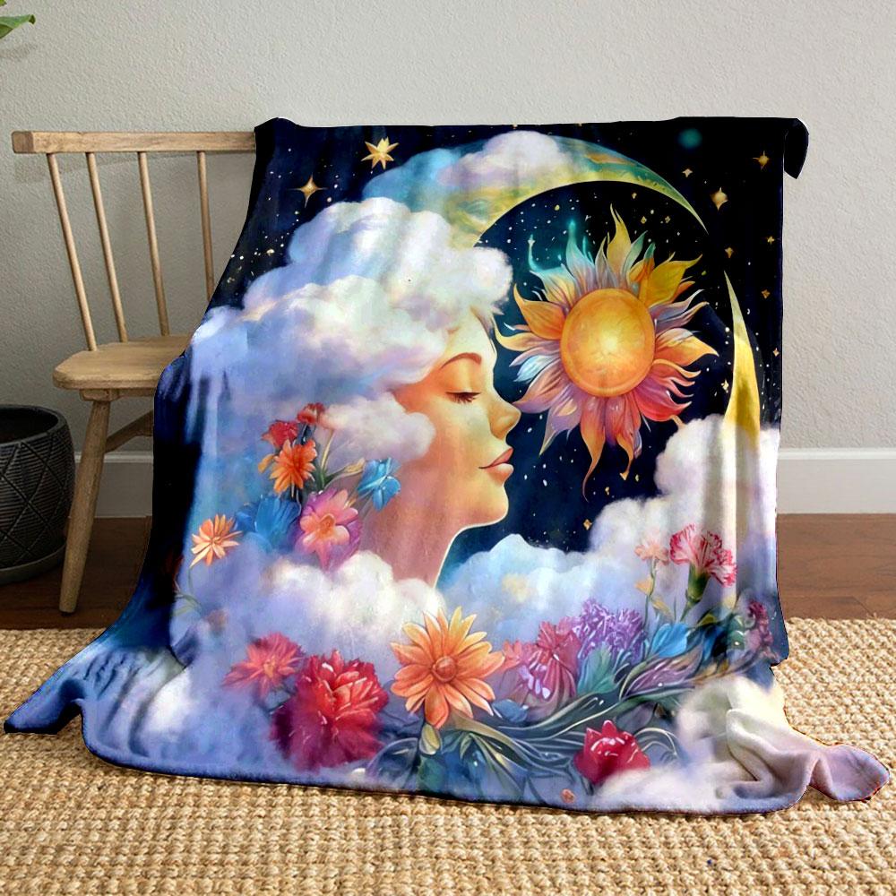 Abstract Art of Moon, Sun, and Flowers Printed Blanket, All-Season Multi-Use for Nap Camping Travel Car Sofa Luxury Gifts