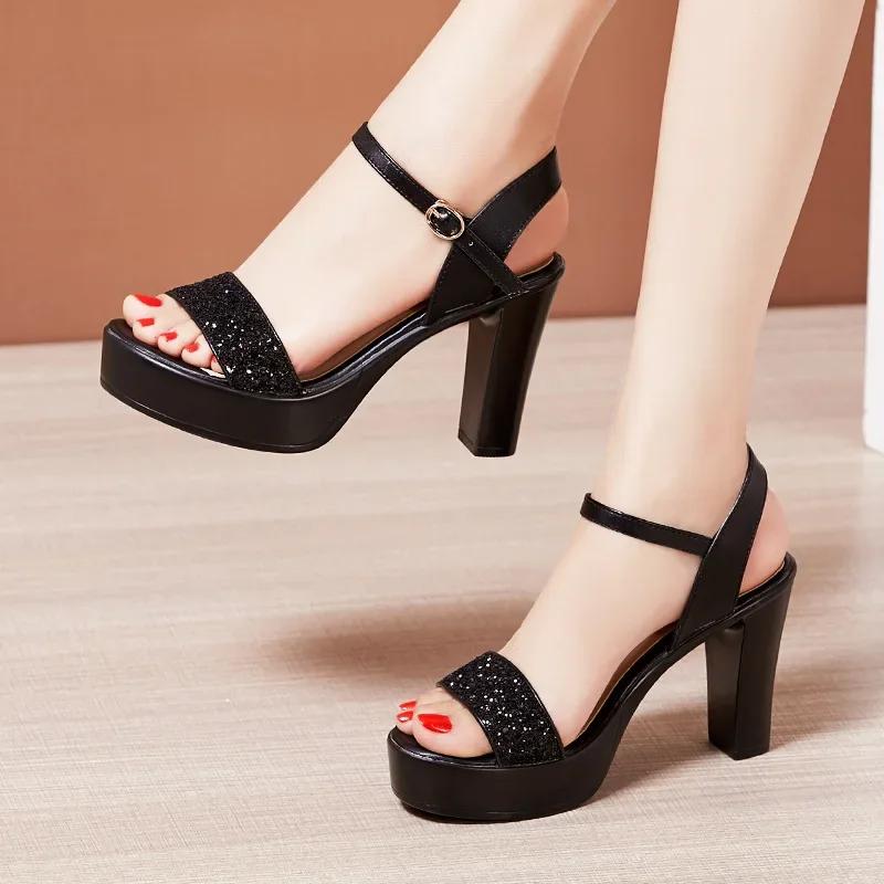 

10cm 13cm Small Size 32-43 Elegant Thick Block High Heels Shoes Summer 2025 Women s Bling Platform Sandals Model Dress Office 32