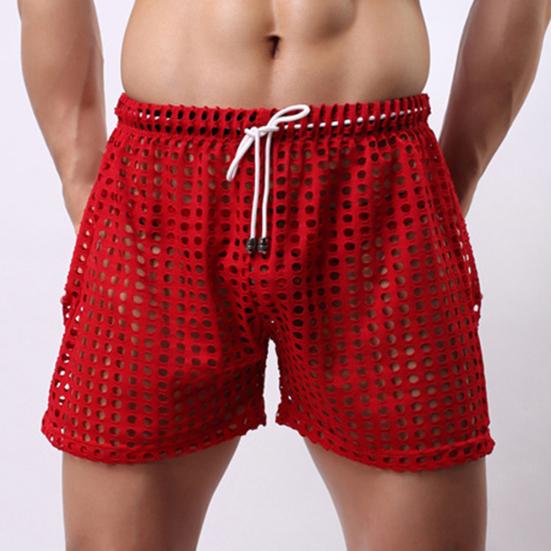Erotic Men Solid Color Mesh See Through Hollow out Drawstring Shorts Beach Pants