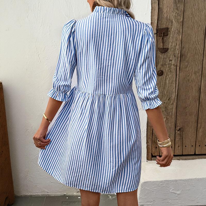Women's Fashion Summer Spring Stripe Print 1/2 Sleeves O-Neck High Waist Casual Dresses