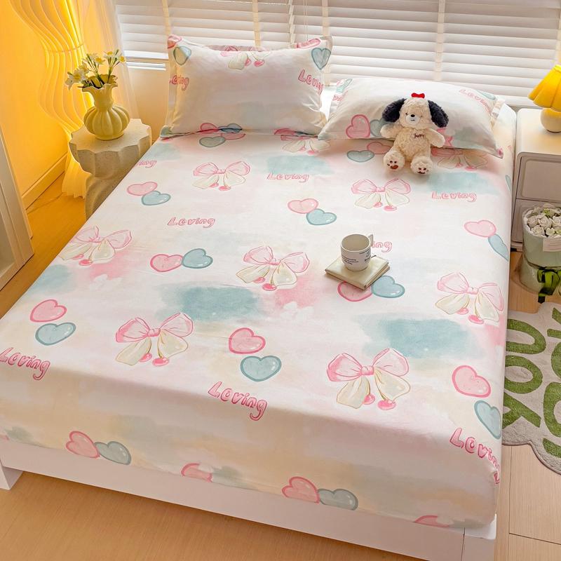 Romantic Love Bow Pattern Fitted Sheet Set Skin-friendly Breathable 3Pcs Mattress Cover with Elastic Band Queen Size Bedding Set