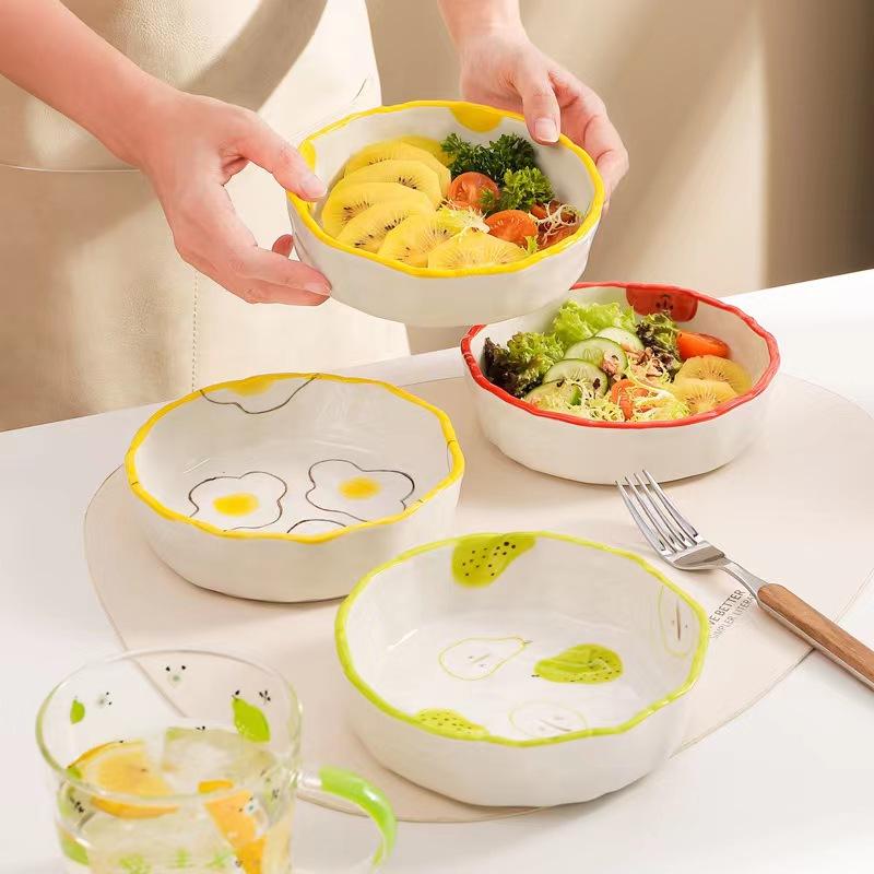 Nordic Style Eco-Friendly Carved Cartoon Ceramic Bowls & Dinnerware Set-Salad Dessert Yogurt & Fruit Cake Plates