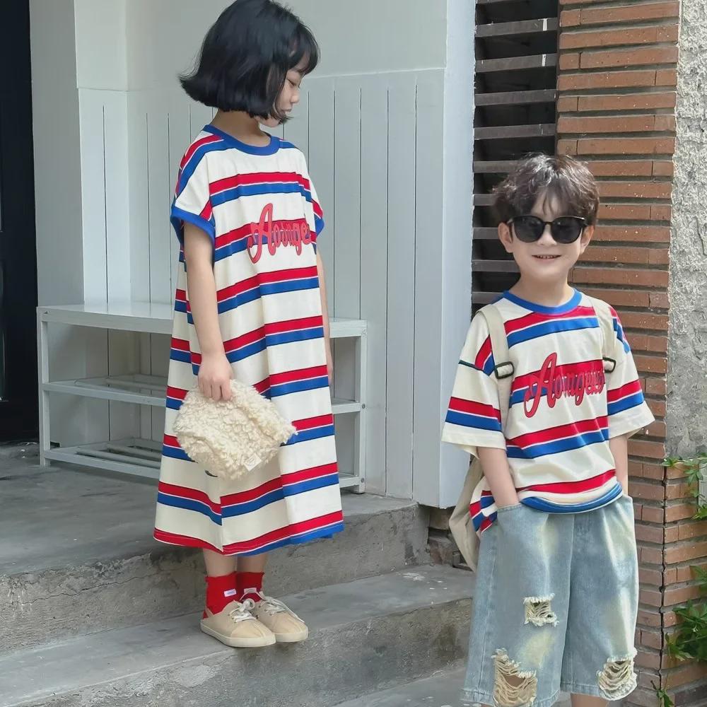 Sibling Summer Outfits: Kids' Striped T-Shirt and Dress Set