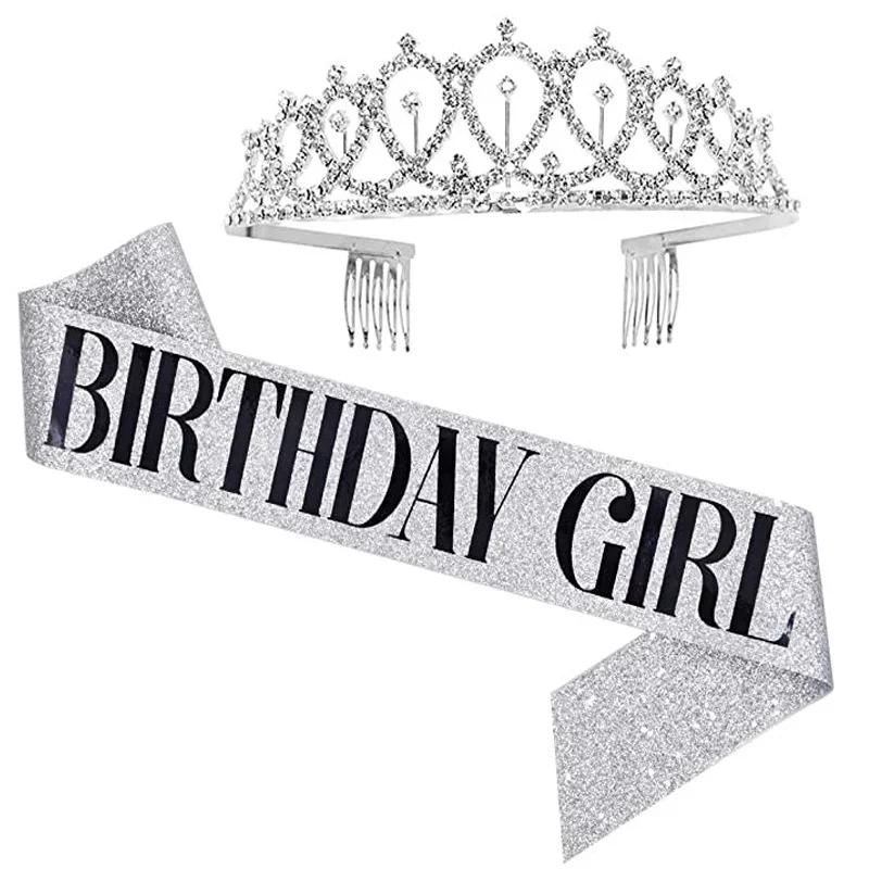 Bling Strass Kristall Krone Tiara Geburtstag Jahrestag Dekoration Alles Gute zum 18. 21. 30. 40. 50. Geburtstag Satin Schärpe Party Supplies