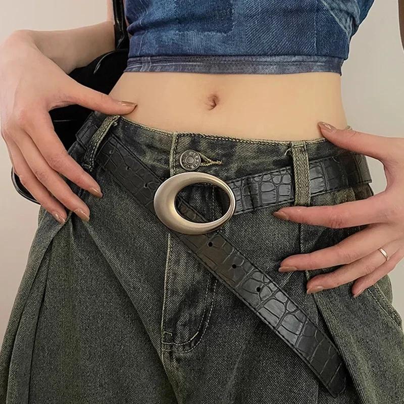 

Vintage American Belt Crocodile Lines for Women Men Fashion Pu Leather Punk Metal Buckle Jeans Pants Advanced Red Waist Belts