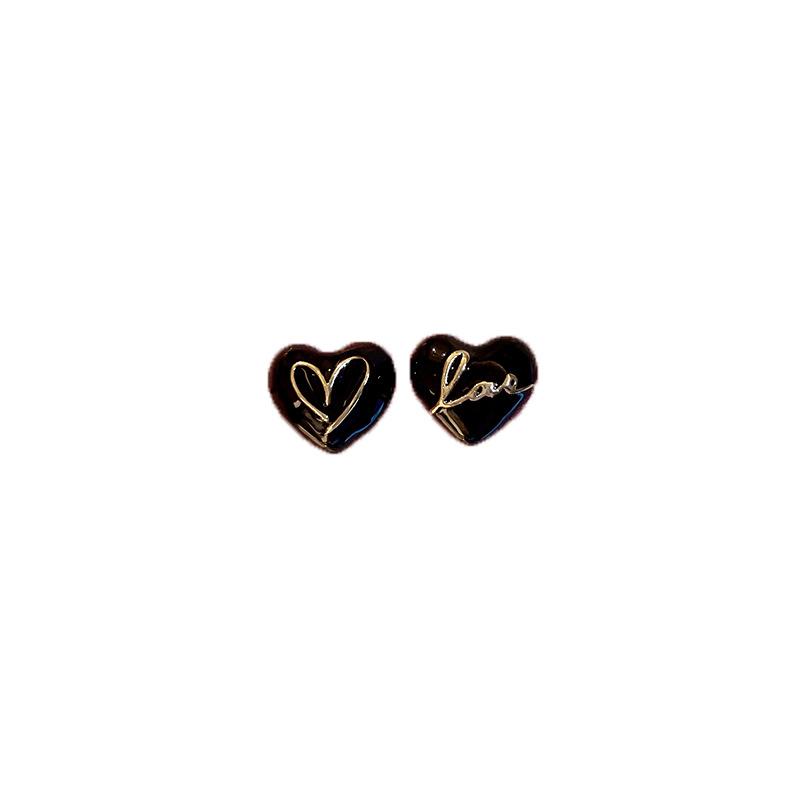 Black Enamel Heart Stud Earrings Asymmetrical LOVE Punk Fashion Baroque Heart In Heart Unusual Earrings for Women