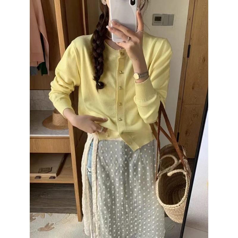 Spring and autumn new top jacket age-reducing candy-colored sweater long-sleeved crew neck women's knitted cardigan