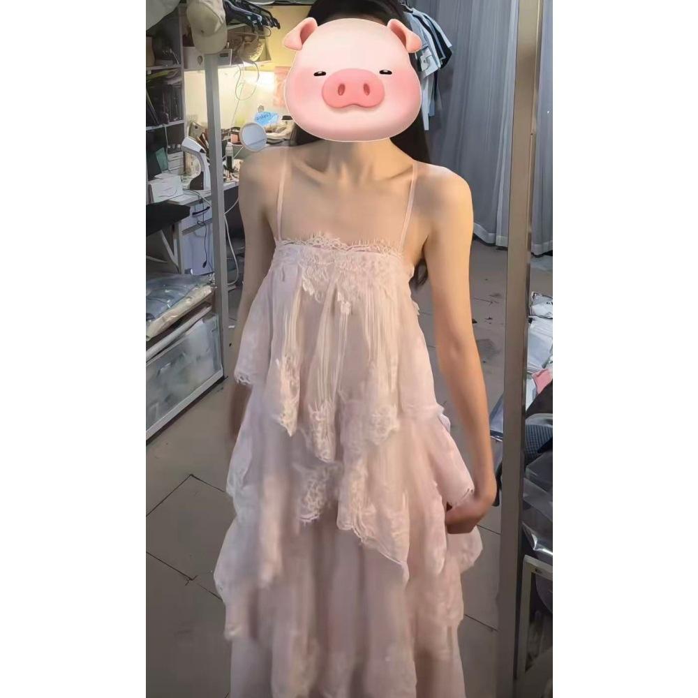 Seaside vacation gentle wind pink irregular lace suspender cake skirt summer unique beautiful loose dress