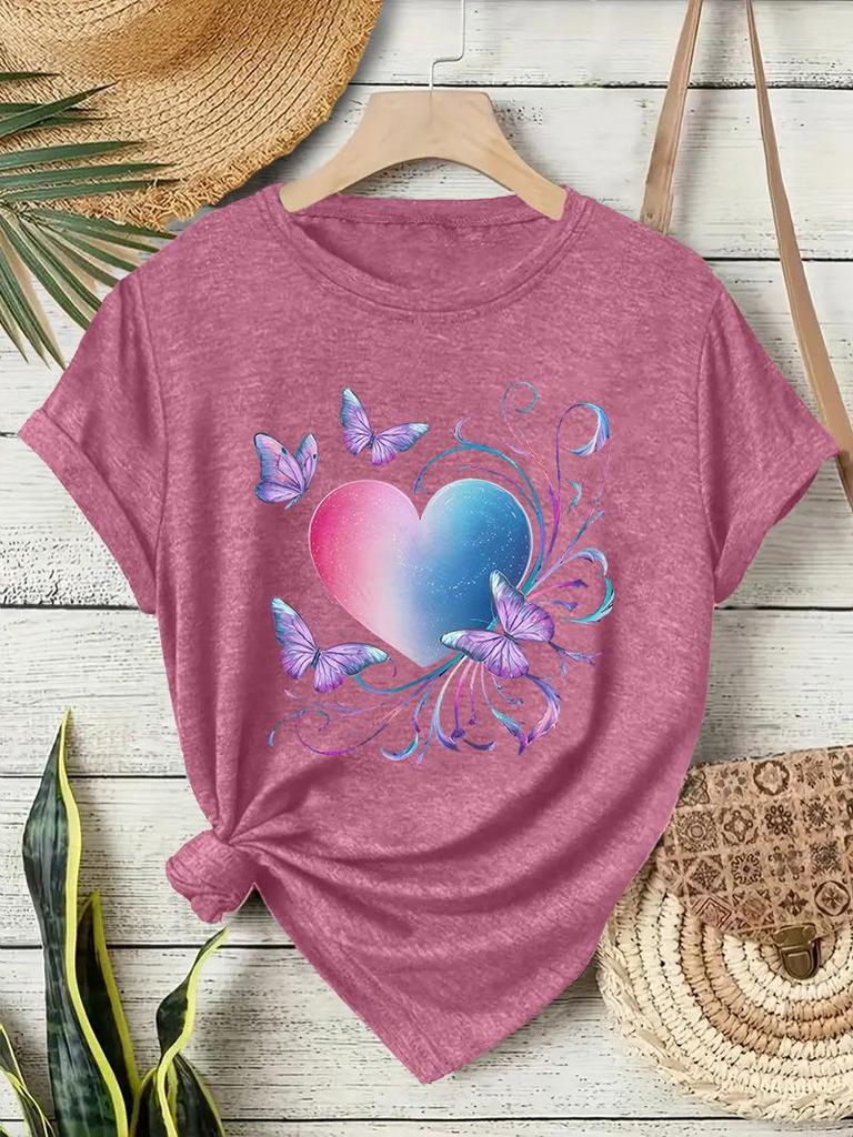 Europäisches & Amerikanisches Rundhals-T-Shirt mit Schmetterlings-Herz-Print für Damen - Sommer Lockeres Kurzarm-Oberteil