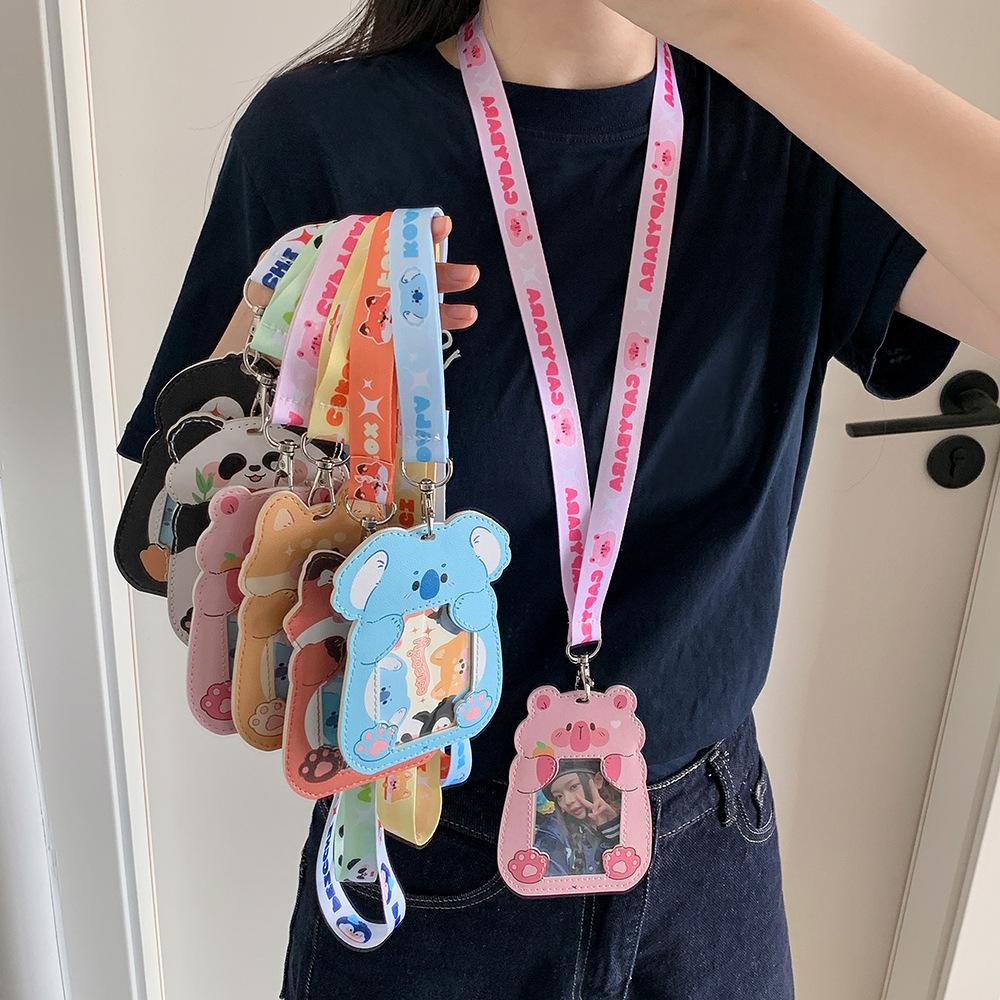 Cartoon Animal Shaped Long Rope Neck ID Card Holder Student Bus Card Cover Case Badge Holder Kpop Idol Photocard Holder