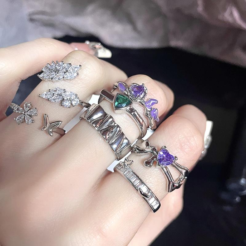 Full Diamond Zircon Niche Design High Sense Cold Wind Personality French Open Ring Index Finger Ring Female