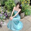 Travel Wear Design Blue Flower Waist Suspender Dress Women's Summer Seaside Vacation Beach Dress