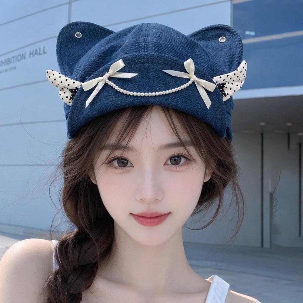 Soft Brim Denim Cat Ear Beret Angel's Wings Octagonal Hat New Denim Sun Caps Y2K