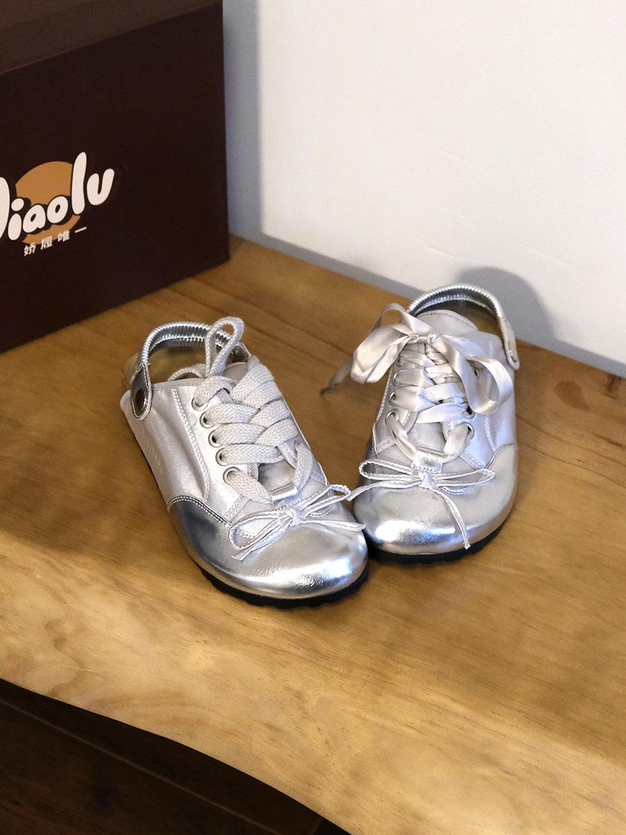 

UglyCute Туфли на плоской подошве с круглым носком и бантом Модные легкие удобные нескользящие дышащие износостойкие женские сандалии 40 серебряный