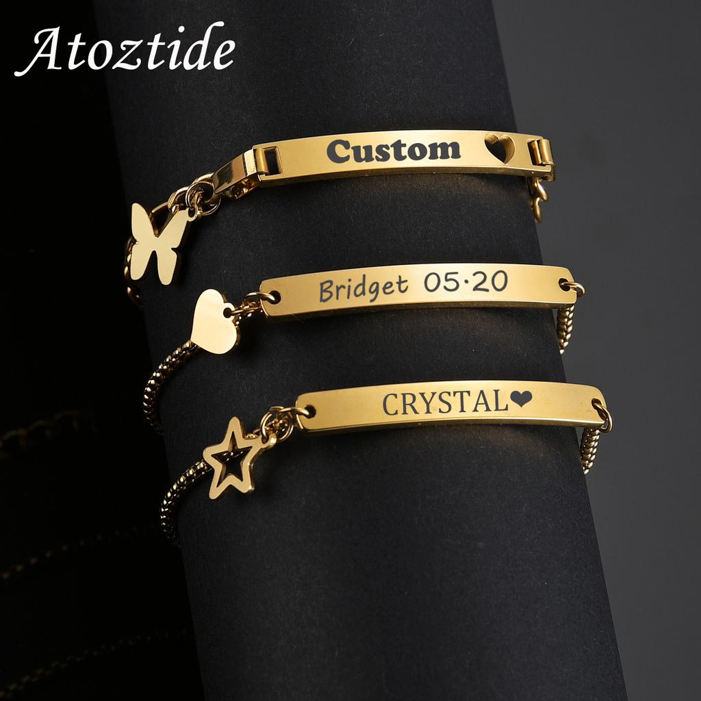 Atoztide Personalized Engrave Baby Name Heart Star Butterfly Date Bracelet Stainless Steel for Women Kid Link Chain Jewelry Gift