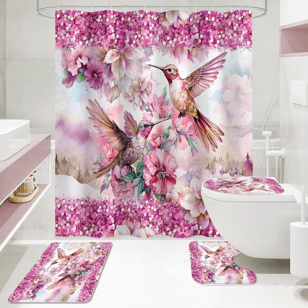 4-teiliges Badezimmer-Duschvorhang-Set Kolibri Blume Badezimmervorhang mit 12 Haken Rutschfeste Teppiche Toilettendeckelmatte Badezimmer-Trennwand