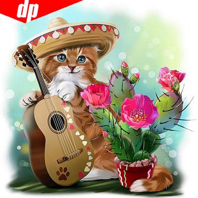 Cross Stitch Animal Diamond Painting Cat Playing Guitar Full Round Rhinestones Diamond Embroidery