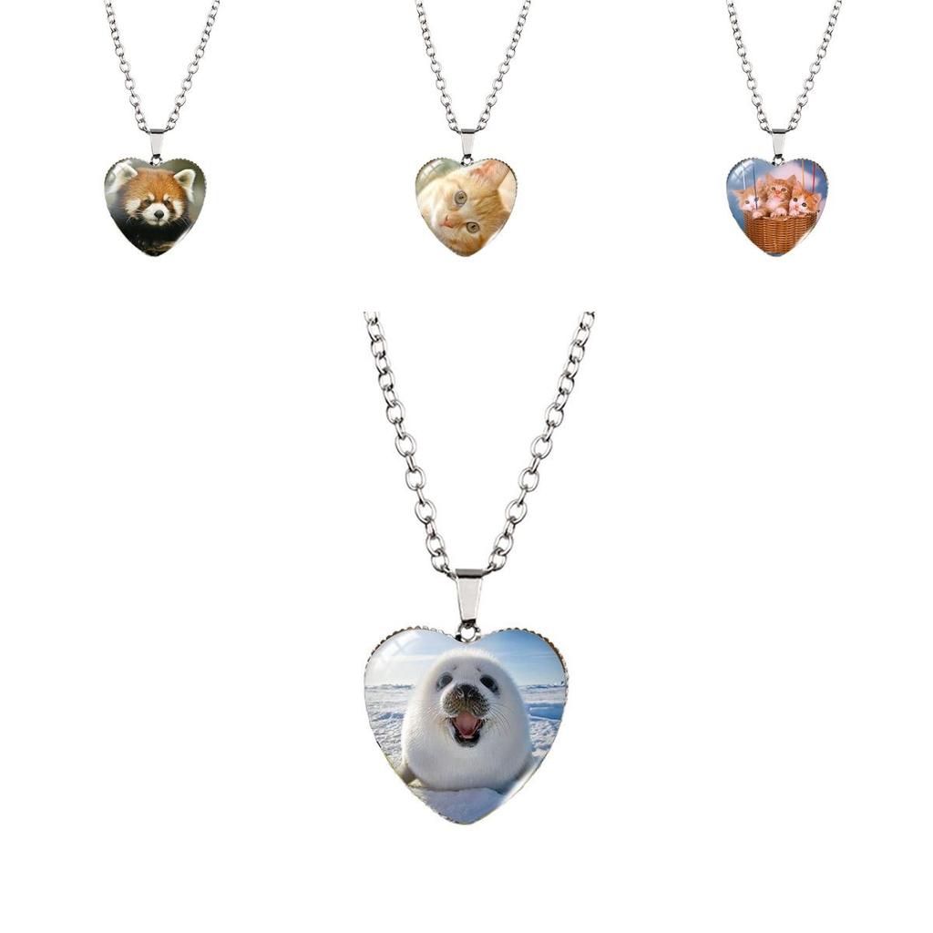 Adorable Heart Shaped Animal Time Gemstone Necklace With Charming Cat Pendant For Women