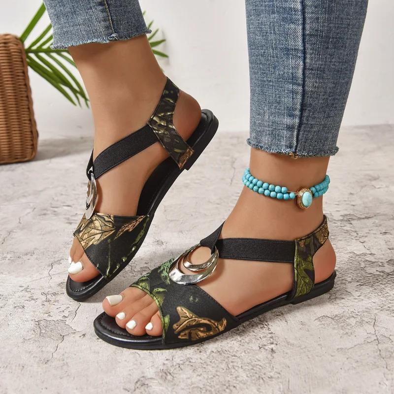 Fashion Fashion New Metal Decoration Women Sandals 2025 Summer Snake Print Gladiator Shoes Woman Comfort Casual Med Heels Sandals Woman