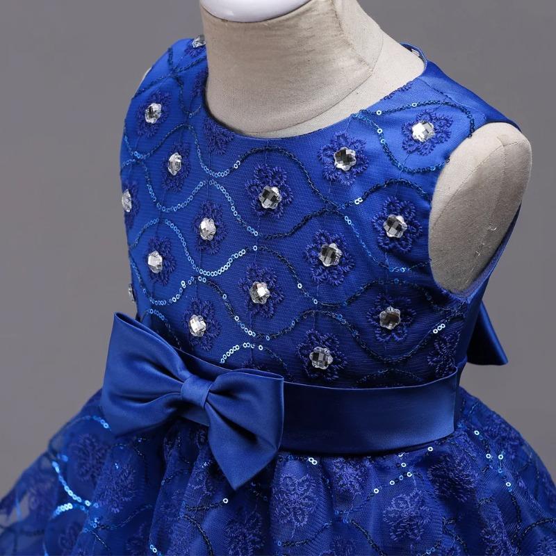 Vestito Principessa da Bambina Elegante con Ricami Floreali Fiocco Senza Maniche Strati di Rete