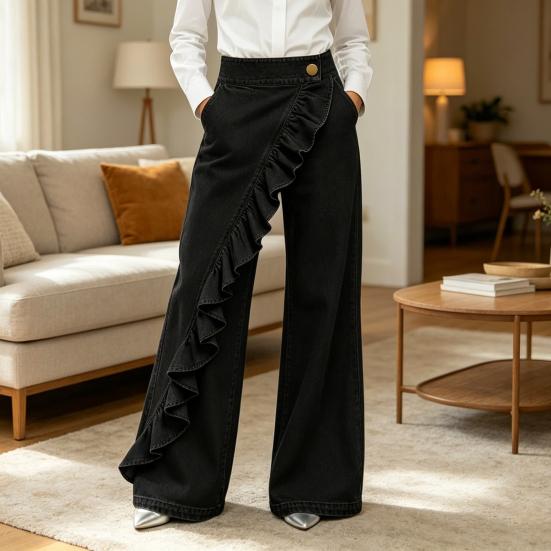 Women Denim Trousers, Wide Leg Elastic Waist Casual Pants, Soft Comfortable Loose Fit Trousers for Daily Wear Street Party