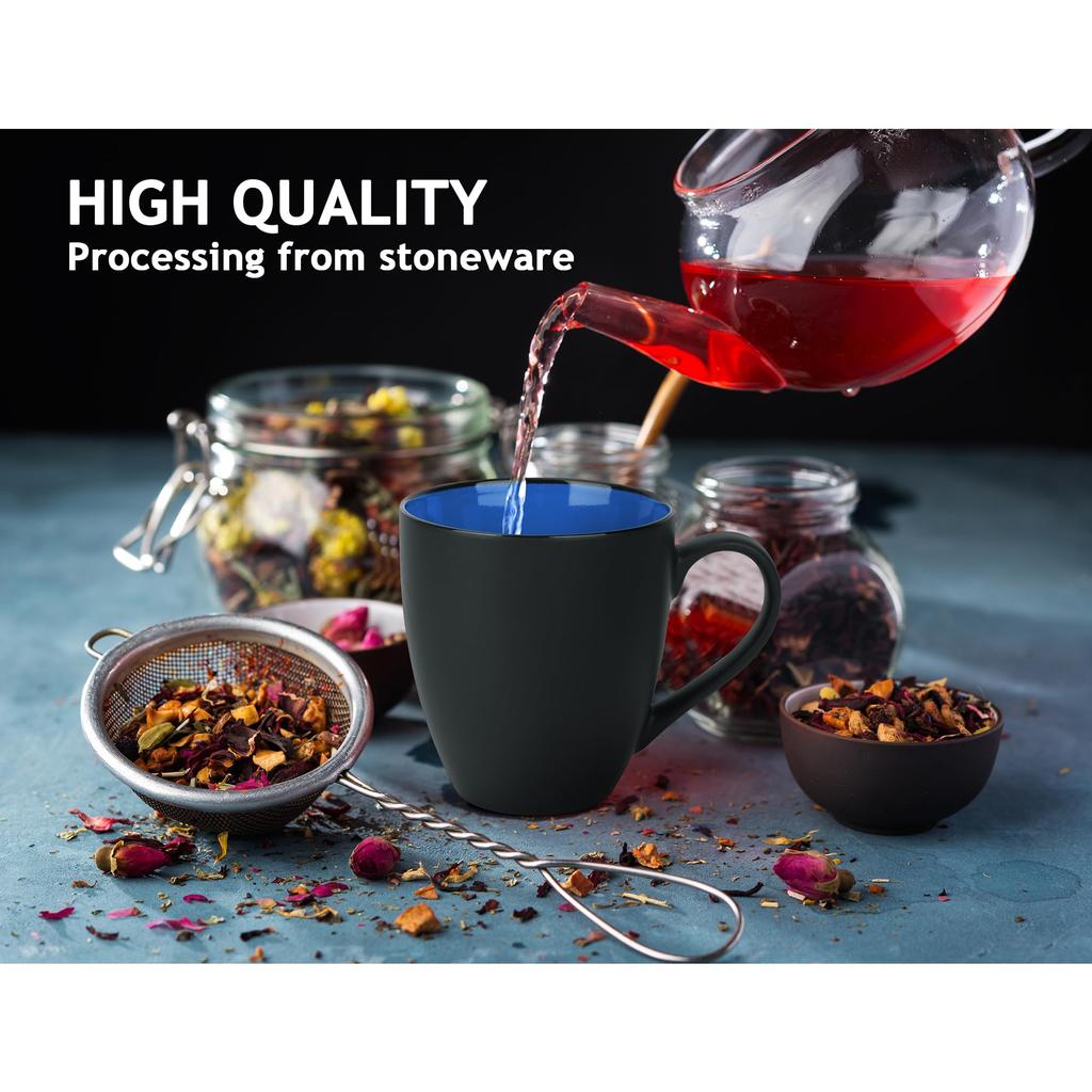 MIAMIO - 6 x 350 ml Stoneware Coffee Mugs/Cups Set, Black Exterior, Colorful Interior