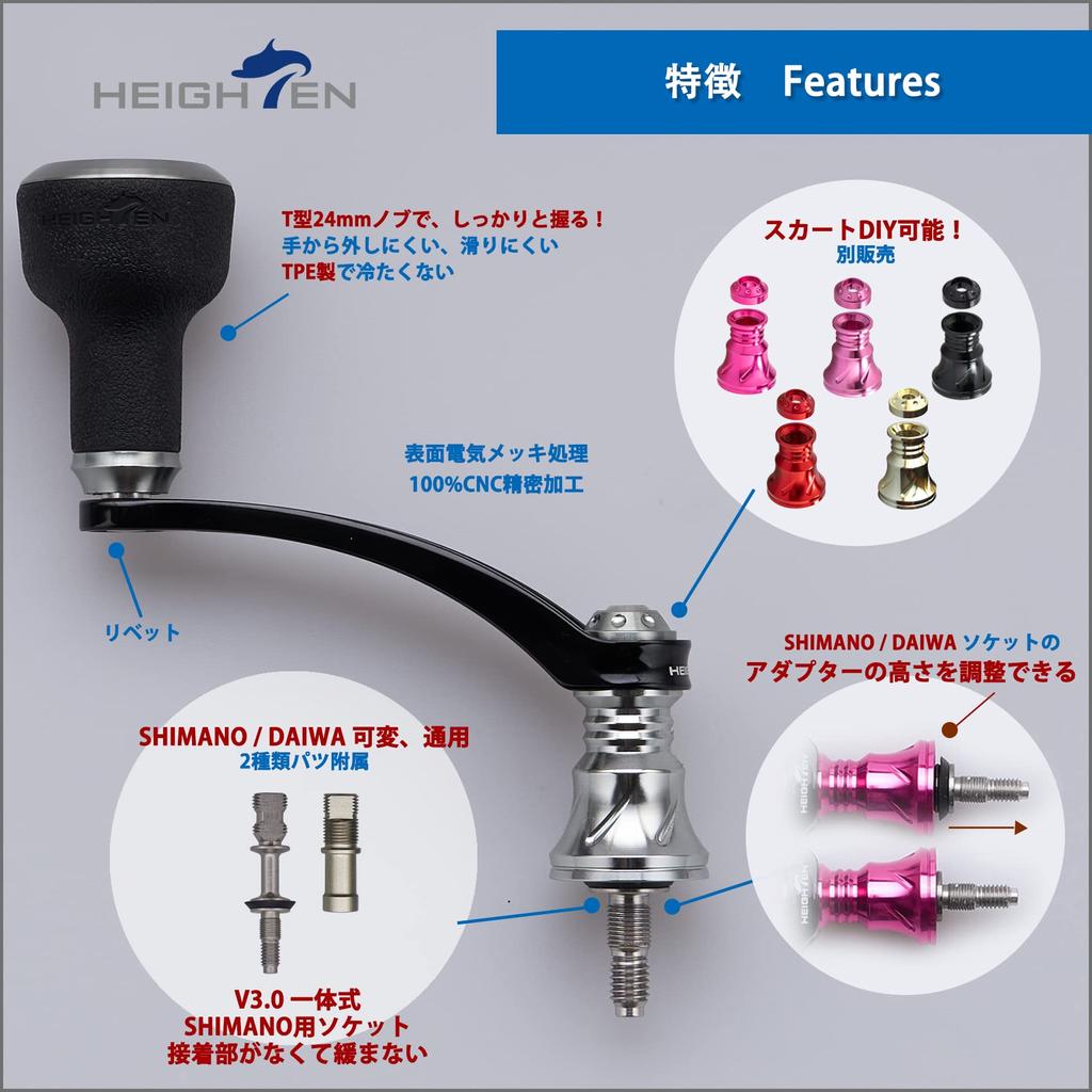 HEIGHTEN 56mm Reel Handle with 24mm TPE Knob for Shimano Daiwa Universal Spinning Reel TPE Series (Black & Gunmetal) (476)