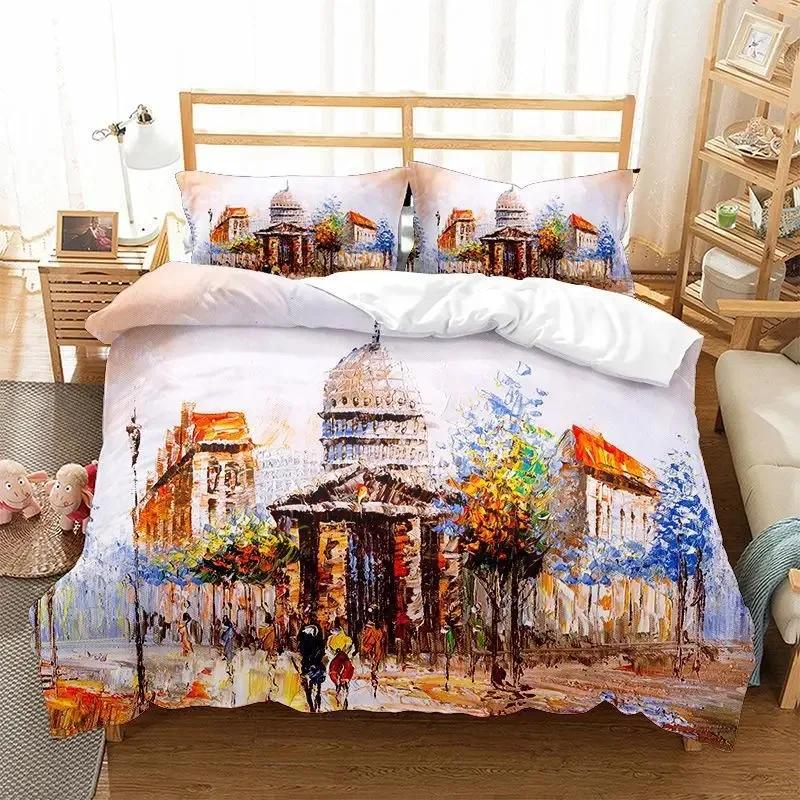 Oil Painting Landscape Duvet Cover King Queen Size Seaside Sunset Colorful Painted Style Art Print Polyester Comforter Cover