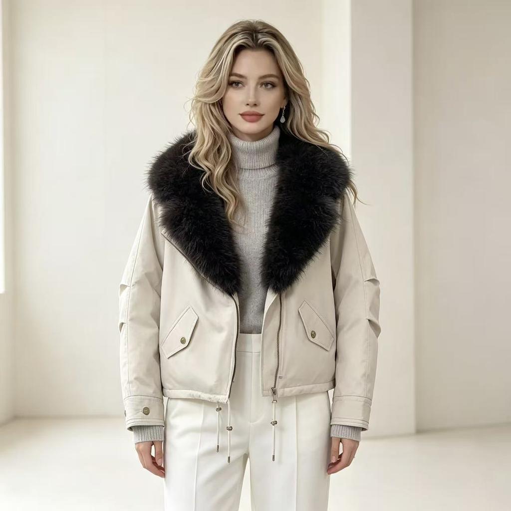 Winter design sense large fur collar lapel versatile loose drawstring thickened cotton clothes pie overcome coat