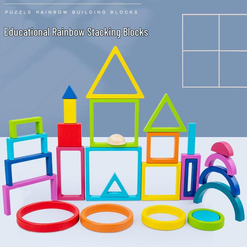 Children's Wooden Rainbow Stacking Blocks - Educational Geometric Tower Toy