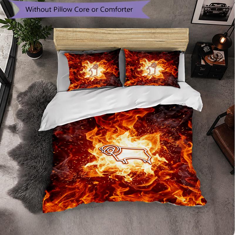 Derby County Football 3-teiliges Bettwäsche-Set Weiches Bettbezug-Set mit Kissenbezügen Bedrucktes Schlafzimmer-Deko-Set für Zuhause