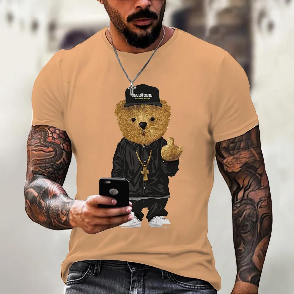 Camiseta casual masculina de verão com estampa fofa de ursinho de pelúcia, gola redonda, confortável e respirável, top casual urbano para atividades ao ar livre