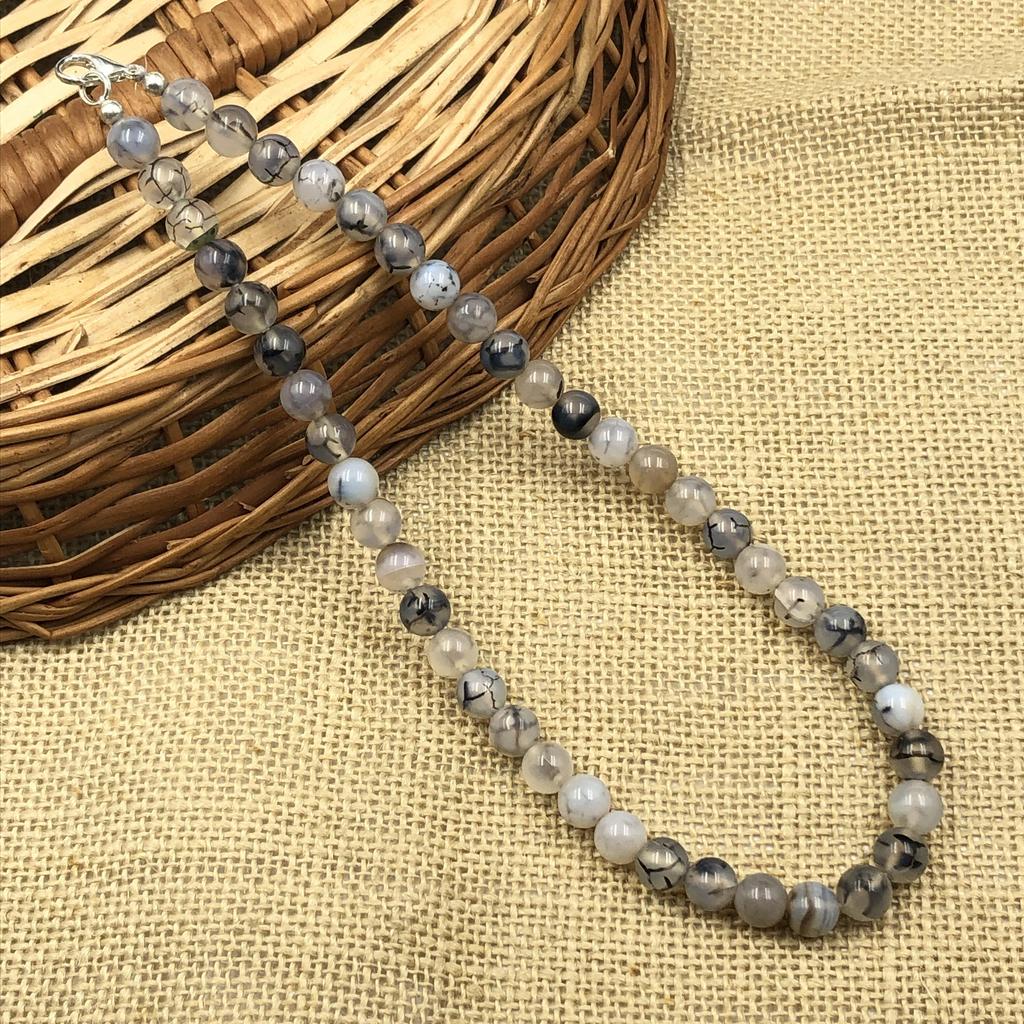 8mm Natural Dragon Vein Agate Gemstone Round Beads Choker Handmade Partywear Necklace 17-21" For Mom/Her 8BN-28