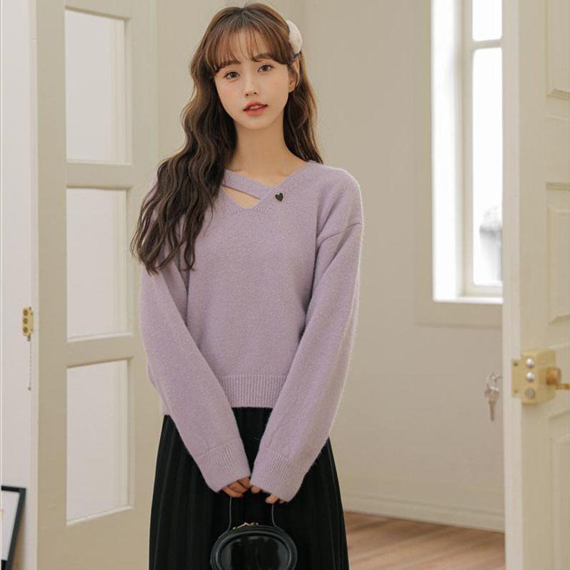 

V-образный вырез внутренний свитер женский осень и зима новый ленивый стиль японский ретро короткий вязаный пуловер однотонный топ one size фиолетовый