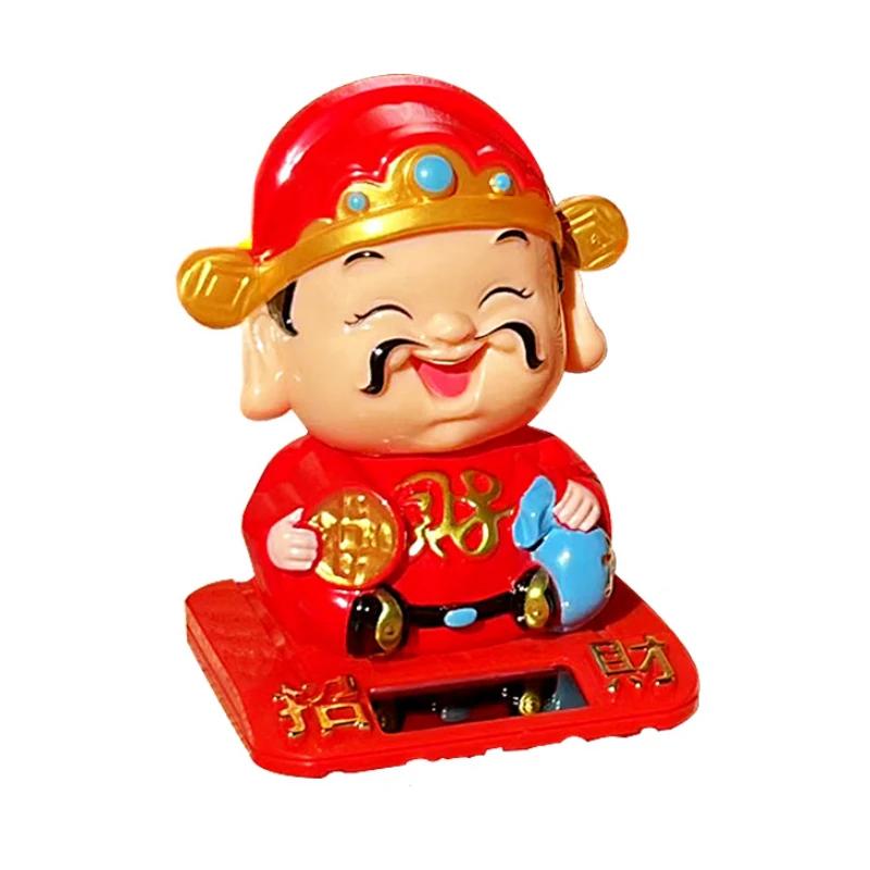 New Solar Powered God of Wealth Car Ornaments Chinese Style Nodding Lucky Wealth Statue Fits Home Store Car Decor Supplies Gift