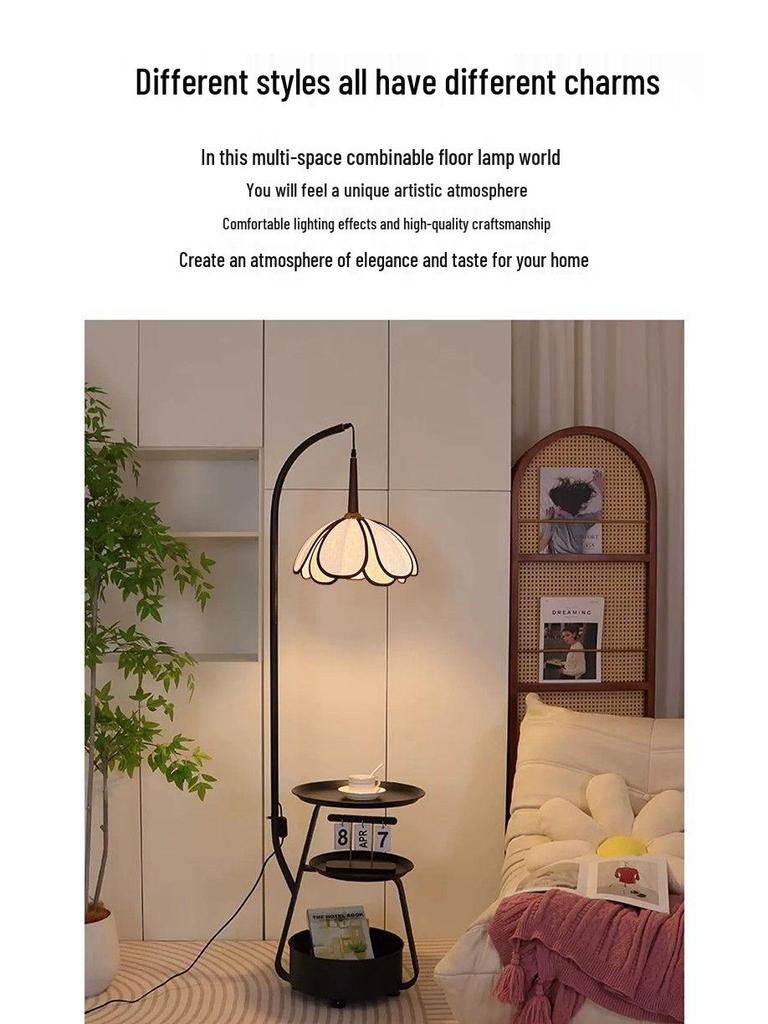 Chinese-Inspired Floor Lamp with Side Table and Storage, Perfect for Living Room Décor