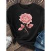 Europäische Größen Rosa Blume Aufdruck T-Shirt, Rundhals Kurzarm T-Shirt, Lässiges Lockeres Kurzarm Oberteil, DamenS tragen