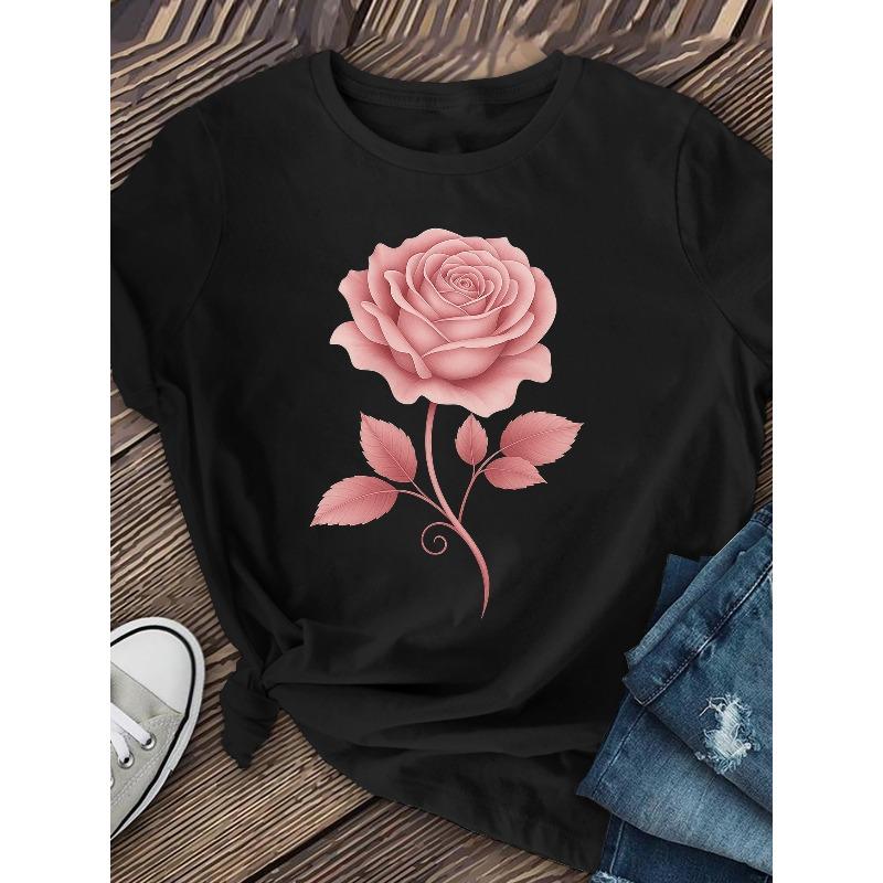 Europäische Größen Rosa Blume Aufdruck T-Shirt, Rundhals Kurzarm T-Shirt, Lässiges Lockeres Kurzarm Oberteil, DamenS tragen