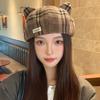 Hat Women's New Style Retro Plaid Cute Cat Ears Beret Japanese Style Autumn and Winter Face Showing Little Painter Hat Trend
