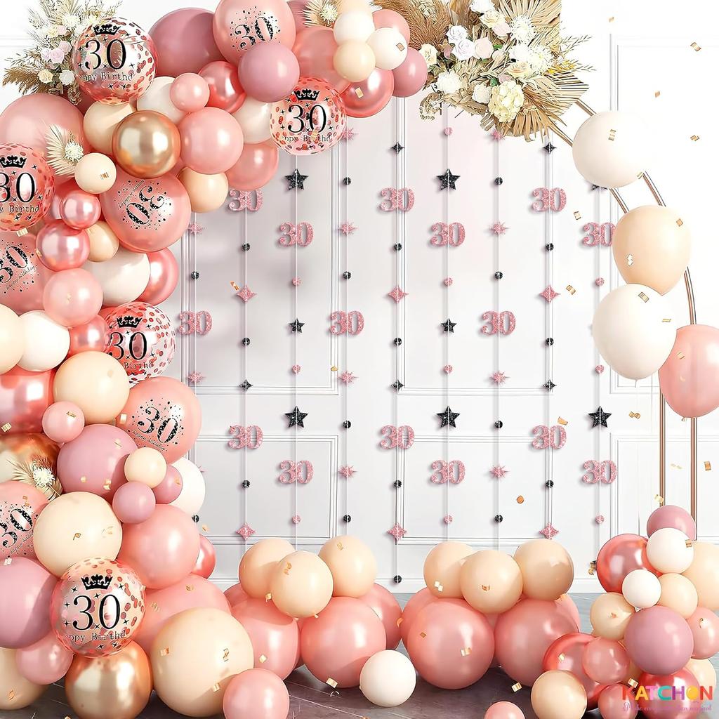 KatchOn, Rose Gold 30th Birthday Decorations - 9 String Hanging Garland, 6 Feet | No DIY 30 Years Party Hanging Streamer | Dirty 30 Birthday