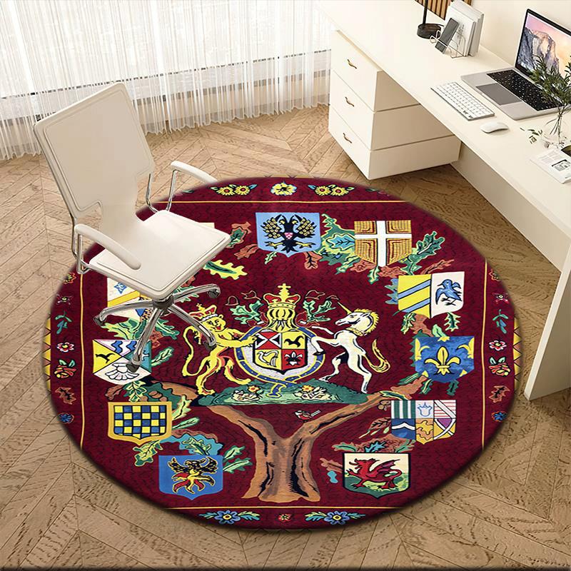 1pc Medieval royal coat of arms and iris Round carpet Painted Printed circular carpet, home door mat, outdoor travel protection carpet