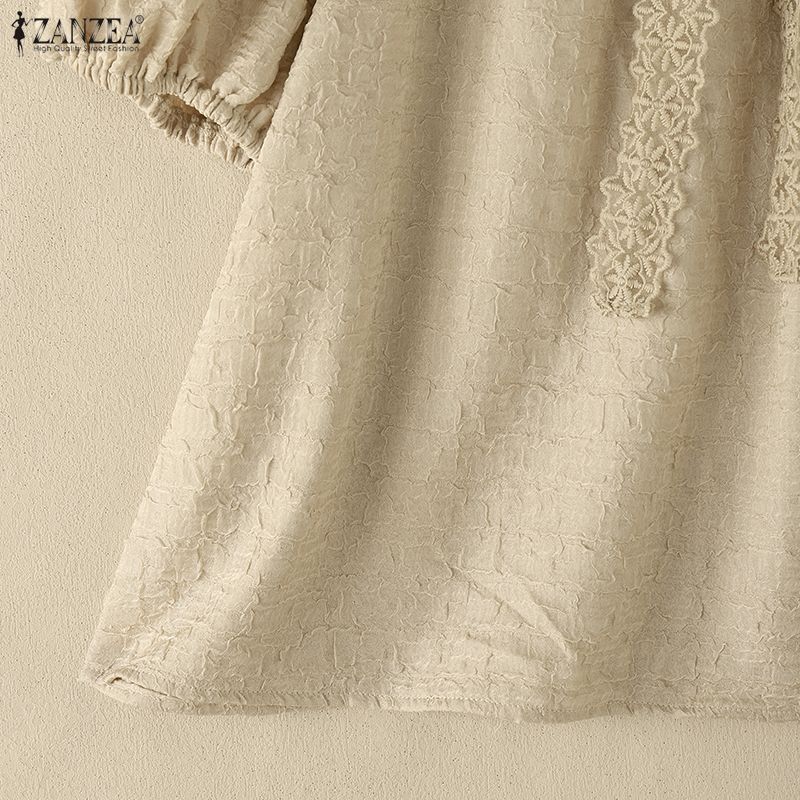 ZANZEA Women Lace Splice Square Collar Casual Short Sleeve Blouse