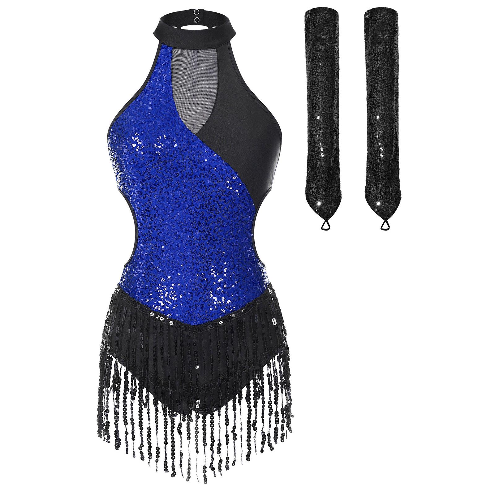 

Womens Latin Dance Leotard Sleeveless Fringed Sequin Color Block Bodysuit Sparkling Sequins Gloves Set S королівський синій колір