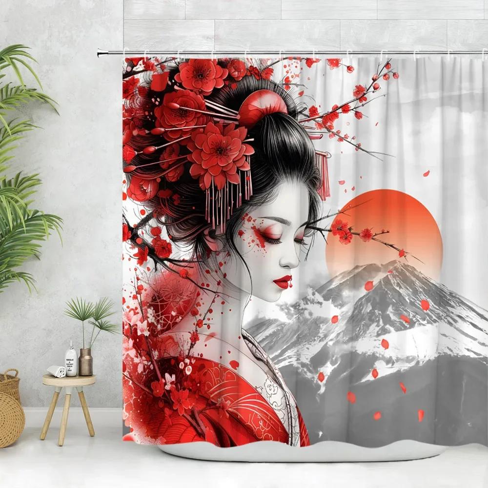 Asian Shower Curtain Ink Painting Crane Cherry Blossoms Japanese Woman Koi Panda Modern Polyester Fabric Bathroom Decor Curtain