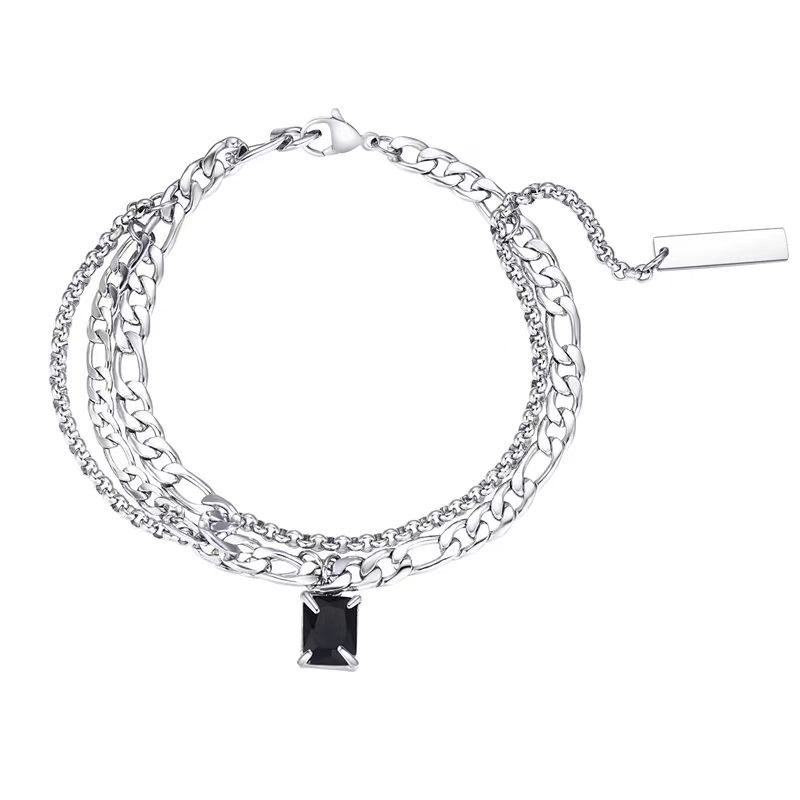 Black Diamond Layered Bracelet for Men Hip Hop Titanium Steel Splicing High-End Feel Unisex Personality Minimalist Style Men's Bracelet Jewelry