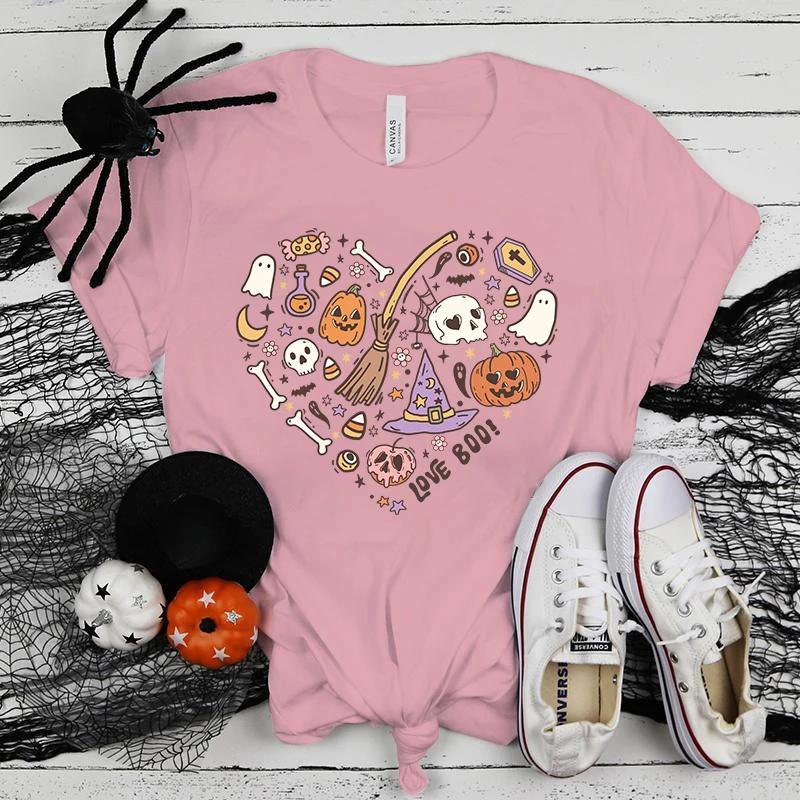 Fashion Halloween Love Boo Printed Short Sleeve Halloween Love Boo T-Shirt For Women Summer Casual T-Shirts Top