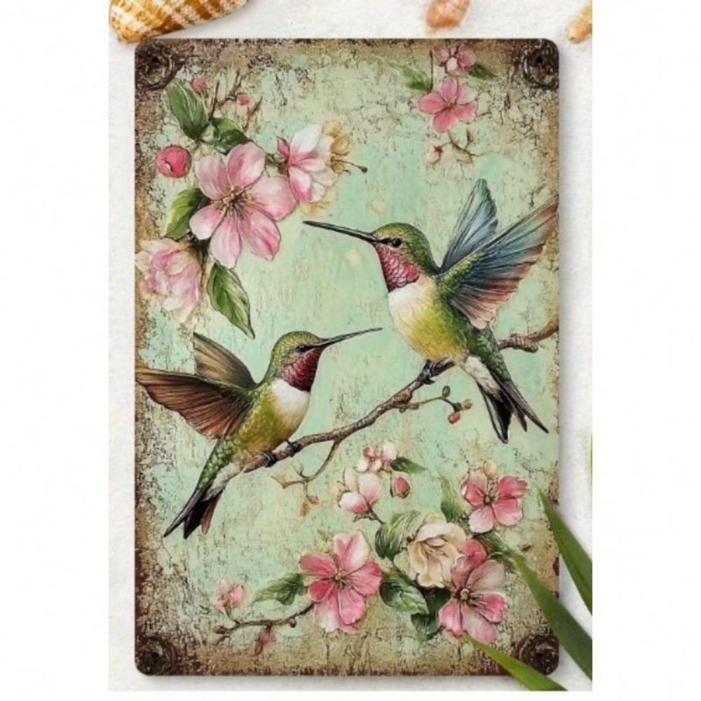 Vintage Hummingbirds Metal Wall Art Rustic Floral Decor 8x12 Inch Canvas