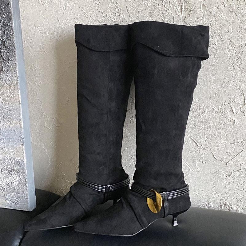 

Fashion Eilyken Winter Design Metal Buckle Pointed Toe Knee High Boots Women Fashion Thin Low Heels Shoes Zapatos De Mujer 35 чёрный